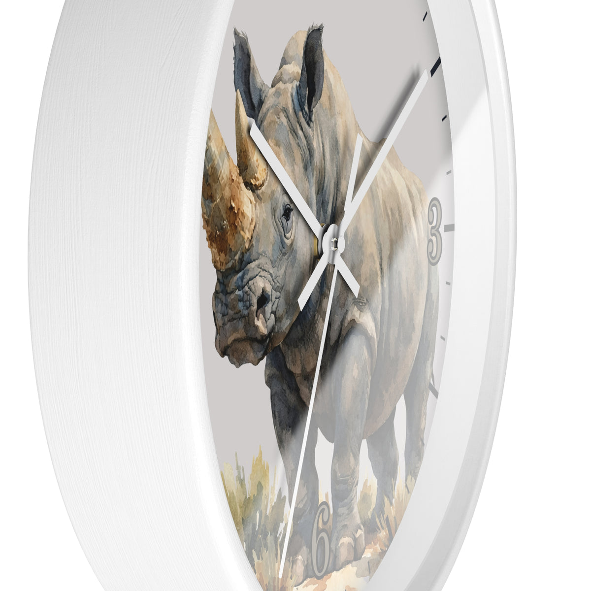 round wall clock with a white textured frame and a printed rhinoceros illustration on the face, shown against a plain white background.