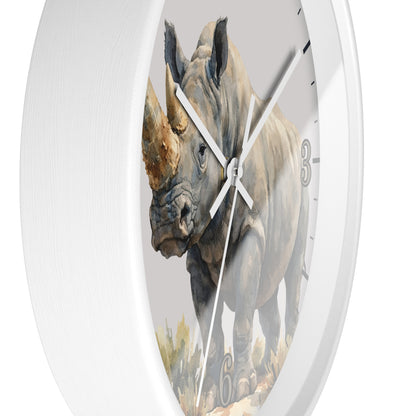 round wall clock with a white textured frame and a printed rhinoceros illustration on the face, shown against a plain white background.