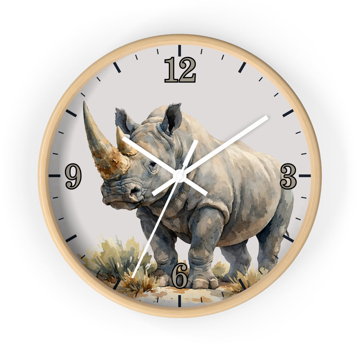 A round wall clock with a light wood frame and a printed rhinoceros illustration on the face. The clock has black Arabic numerals and black hour markers, with white clock hands.