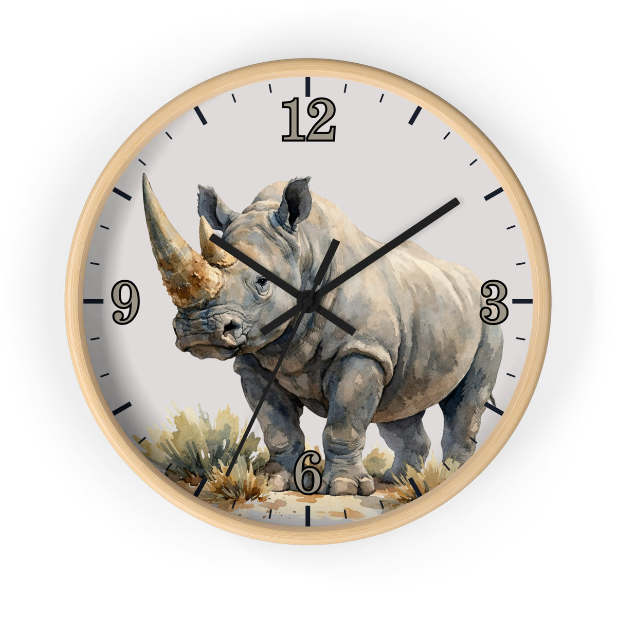 Round wall clock with a light wood frame and a printed rhinoceros illustration on the face, with black Arabic numerals and black clock hands on a white background.