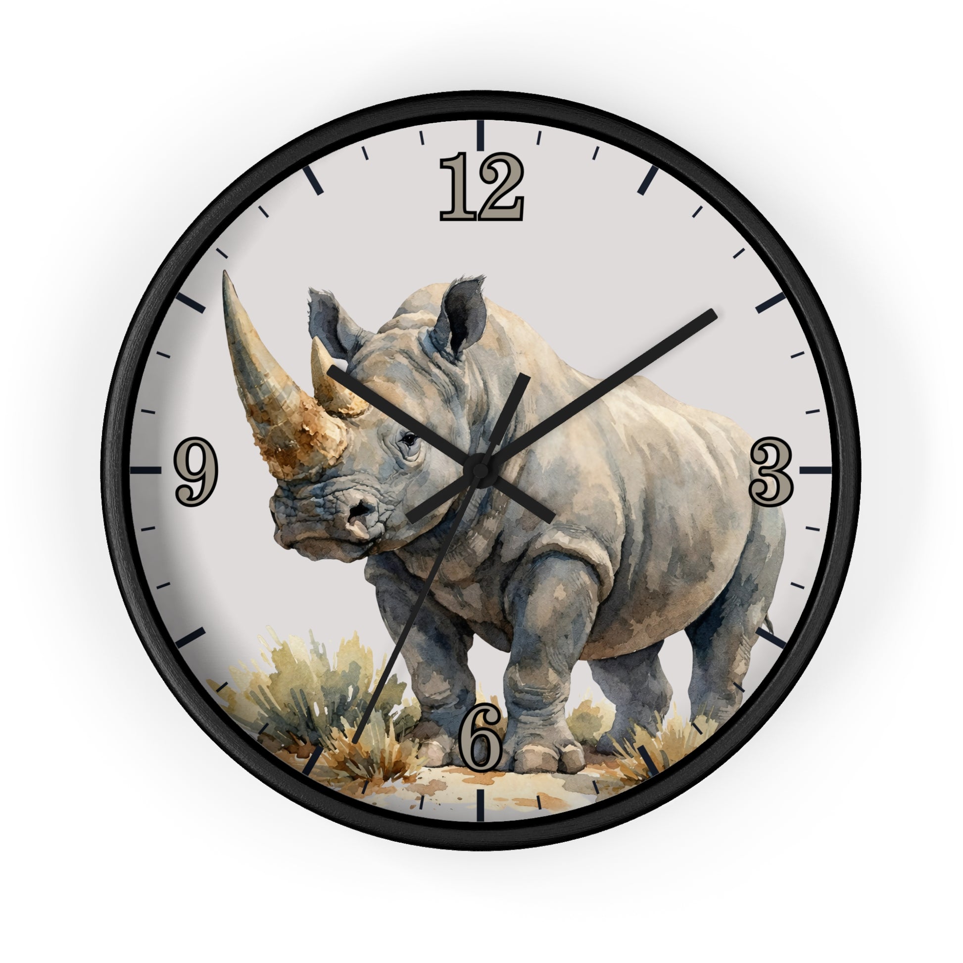 A round wall clock with a black frame and a printed rhinoceros illustration on the face, set against a plain white background.
