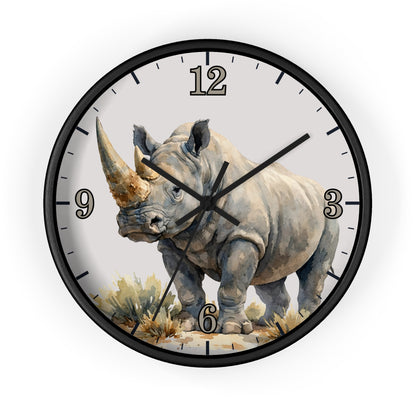 A round wall clock with a black frame and a printed rhinoceros illustration on the face, set against a plain white background.