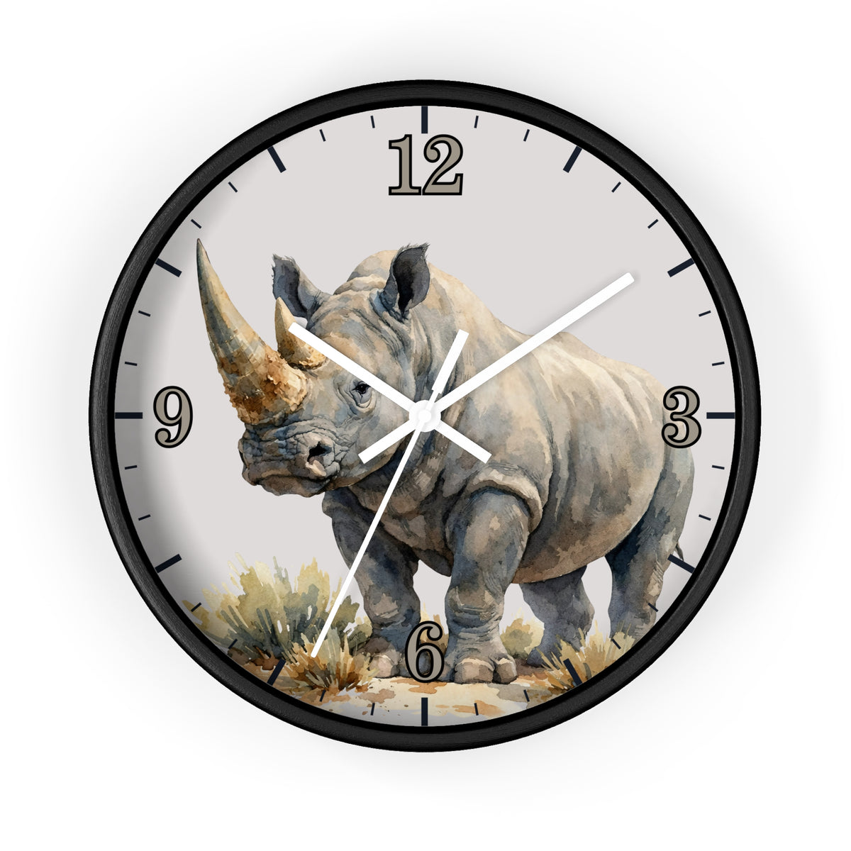 A round wall clock with a black frame and a printed rhinoceros illustration on the face, shown against a plain white background.