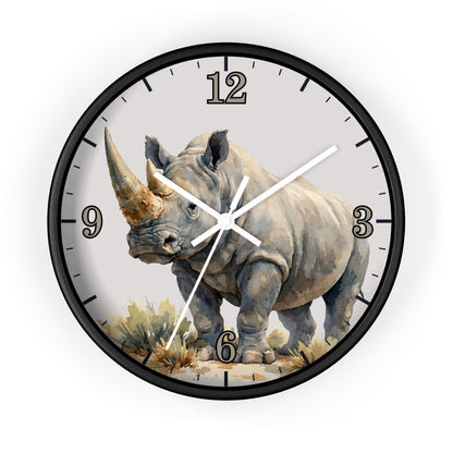 A round wall clock with a black frame and a printed rhinoceros illustration on the face, shown against a plain white background.