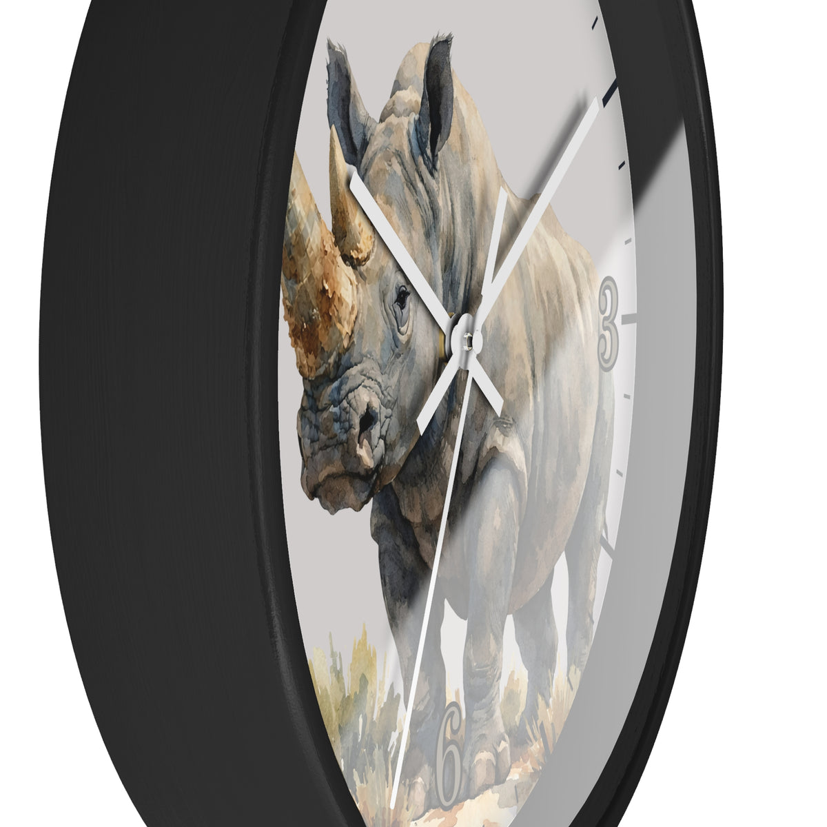 A round wall clock with a black frame and a printed rhinoceros illustration on the face, shown against a plain white background.