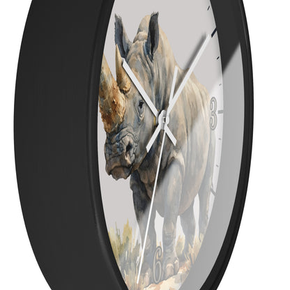A round wall clock with a black frame and a printed rhinoceros illustration on the face, shown against a plain white background.