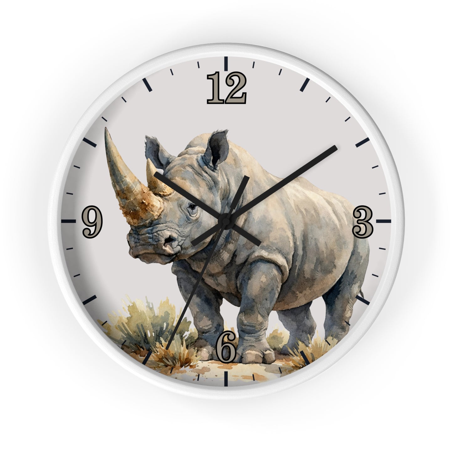 A round wall clock with a white frame and a printed rhinoceros illustration on the face, with black numerals and hands on a white background.