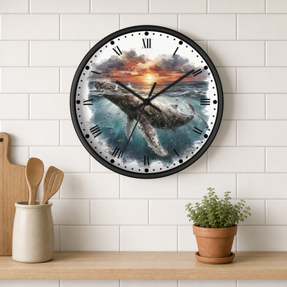 A round wall clock with a black frame hangs on a white subway tile wall above a wooden shelf. The clock face features a detailed illustration of a whale swimming through ocean water at sunset.