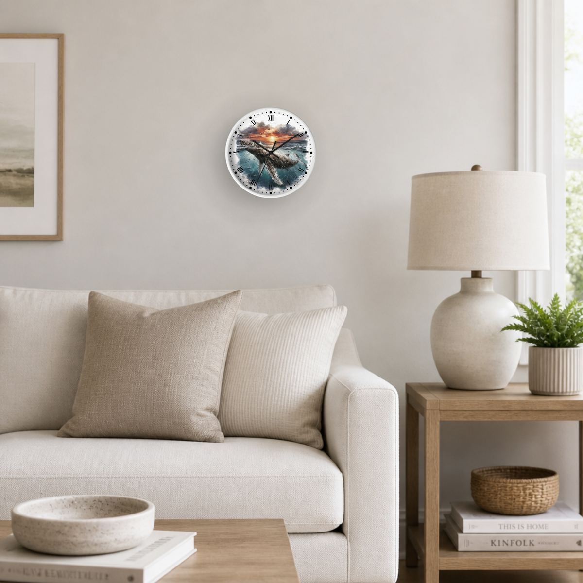 A round wall clock with a distressed, painterly design featuring a hump back whale and sunset over the ocean , mounted on a light beige wall in a modern living room setting next to a wooden side table with a lamp.
