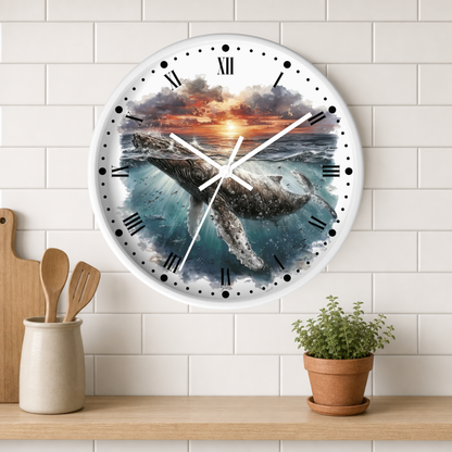 A round wall clock with a printed whale-and-sunset ocean scene on the face, mounted on a white subway-tile wall above a wooden shelf with kitchen utensils and a potted plant.