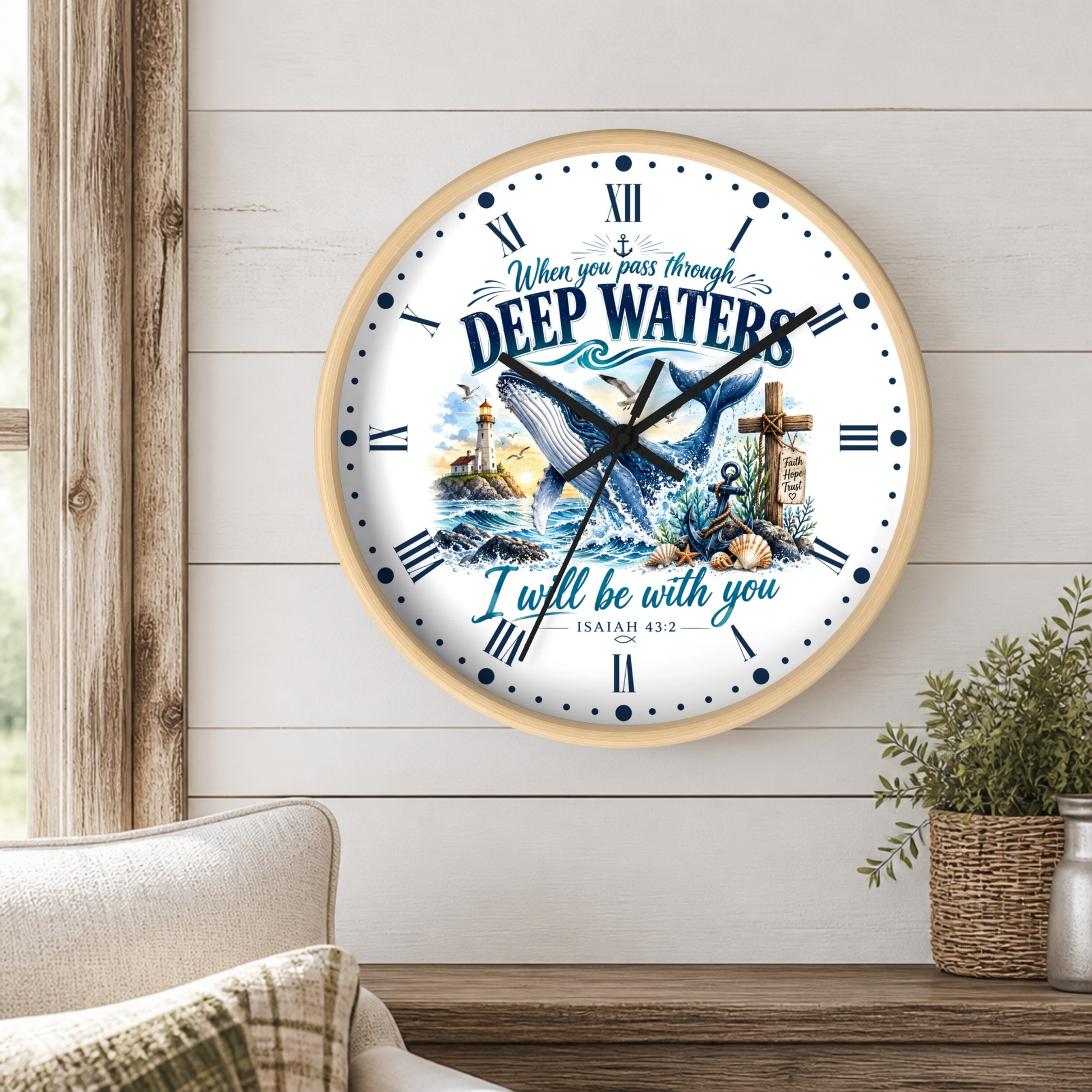 A round wall clock with a light wood frame hangs on a white shiplap wall above a wooden table. The clock face features a nautical illustration with a whale, lighthouse, anchor, and cross, along with the text 'When you pass through DEEP WATERS I will be with you ISAAC 43:2'.