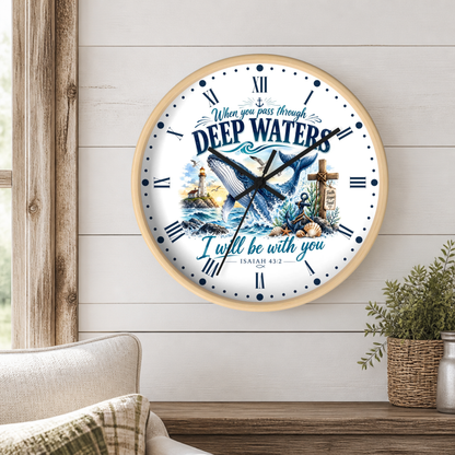 A round wall clock with a light wood frame hangs on a white shiplap wall above a wooden table. The clock face features a nautical illustration with a whale, lighthouse, anchor, and cross, along with the text 'When you pass through DEEP WATERS I will be with you ISAAC 43:2'.