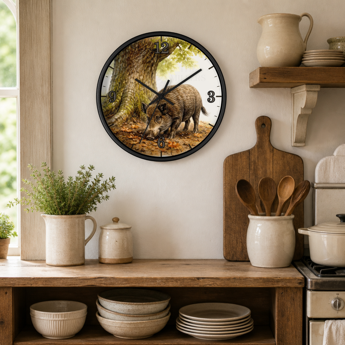 A round wall clock with a black frame hangs on a beige wall in a rustic kitchen setting. The clock face features an illustration of a wild boar standing in front of a tree trunk, with black Arabic numerals.