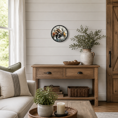 A round wall clock with a rustic autumn bear fishing print and black Roman numerals, styled on a white shiplap wall above a wooden console table in a bright, modern farmhouse living room.