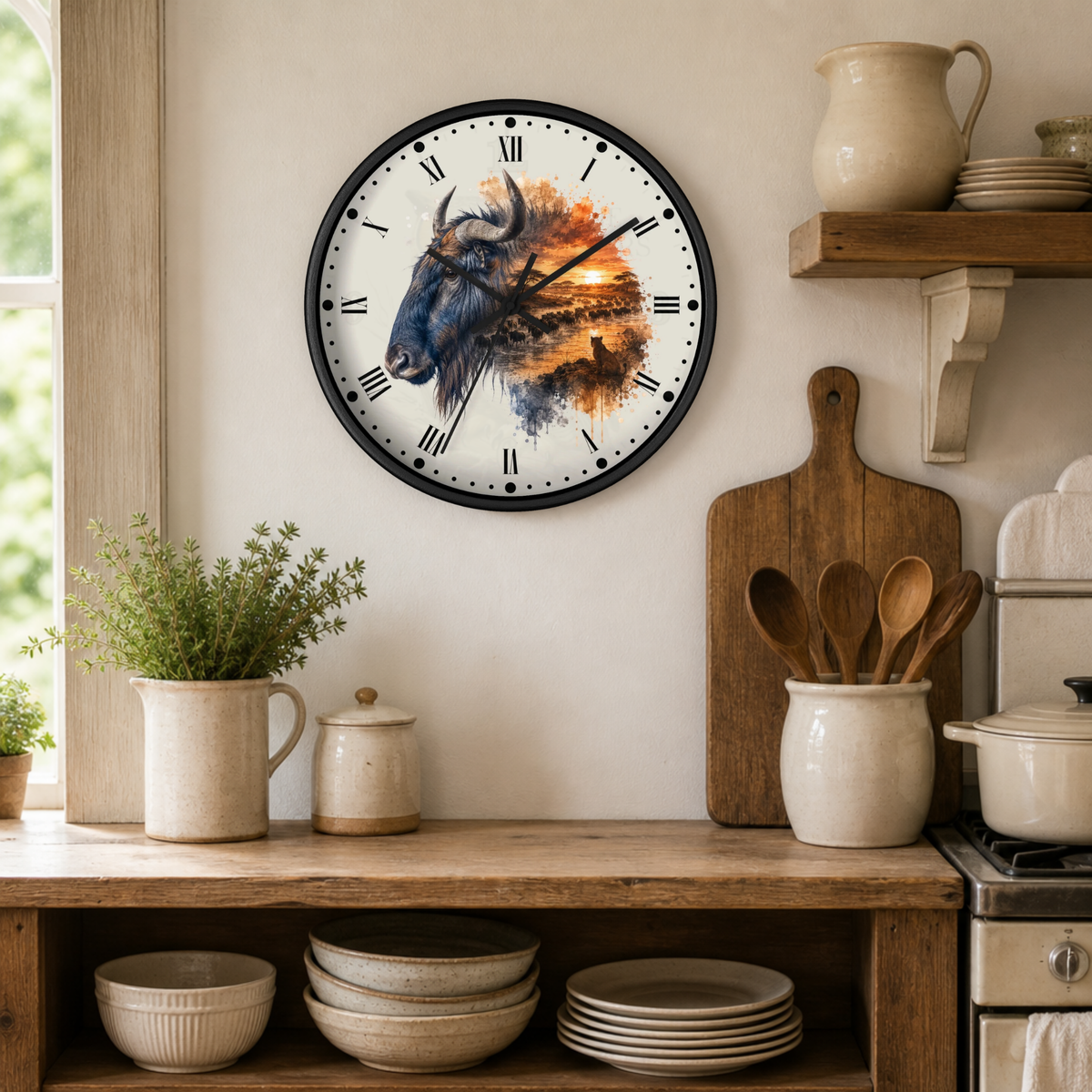 A round wall clock with a black frame and a watercolor-style animal illustration on the face, hanging on a beige wall in a rustic kitchen setting with wooden shelves, ceramic dishes, and plants.
