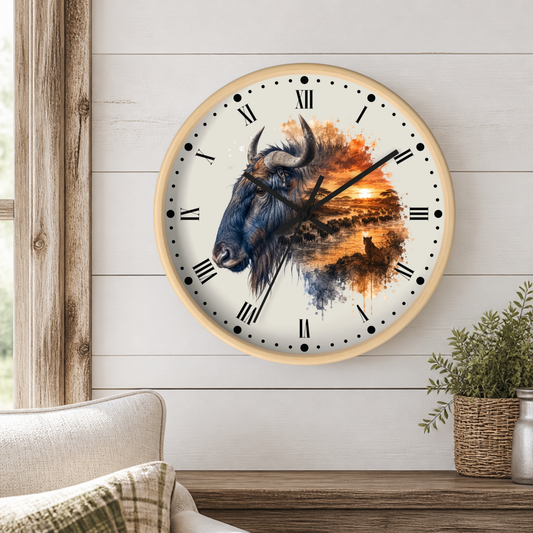 A round wall clock with a light wood frame hangs on a white shiplap wall above a wooden table. The clock face features a detailed illustration of a blue wildebeest with a sunset landscape and horse silhouette in the background.