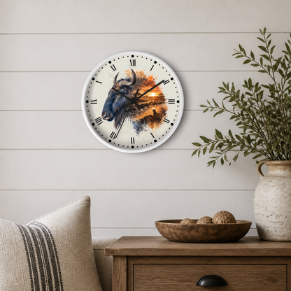 A round wall clock with a white frame and a western buffalo illustration in blue, black, and orange tones, mounted on a light beige shiplap wall above a wooden side table with a vase and bowl.