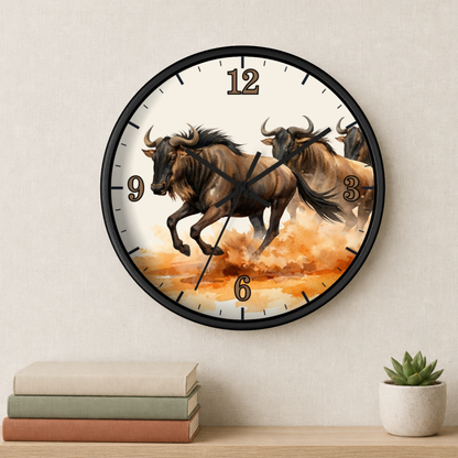 Round wall clock with a black frame and a printed design of two running wildebeest against an orange and cream background. The clock is mounted on a light beige wall above a wooden shelf with stacked books and a small potted succulent.