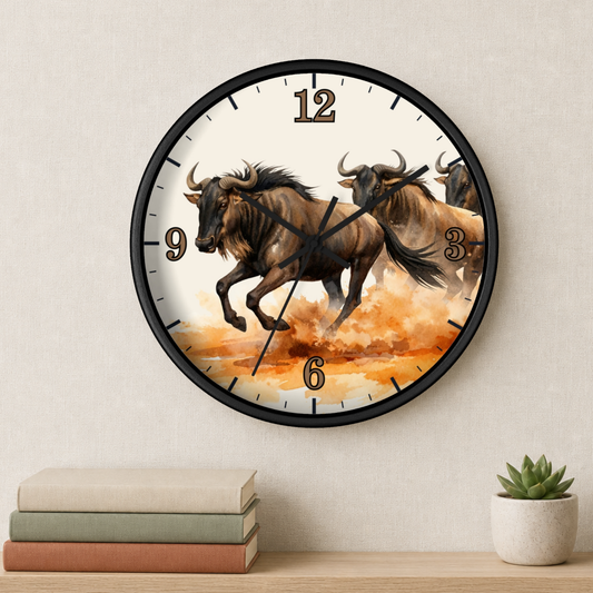 Round wall clock with a black frame and a printed design of two running wildebeest against an orange and cream background. The clock is mounted on a light beige wall above a wooden shelf with stacked books and a small potted succulent.