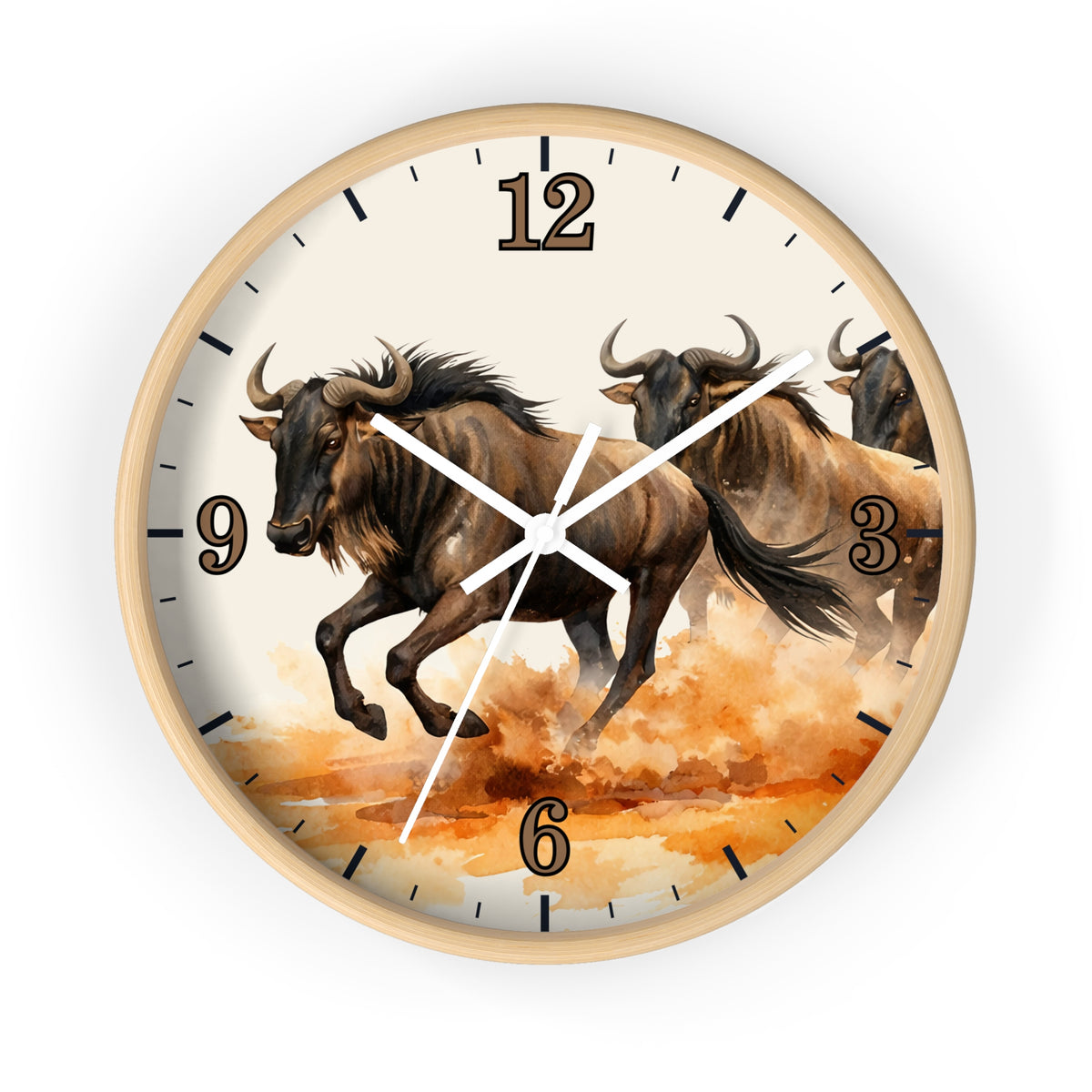 Round wall clock with a light wood frame and a printed design of three brown wildebeest running across an orange and beige landscape. The clock face is cream-colored with black hour markers and white hands.