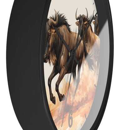 Round wall clock with a black frame and a printed face showing two brown wildebeest against a warm cream and orange sky. The clock is photographed at an angle on a plain white background.