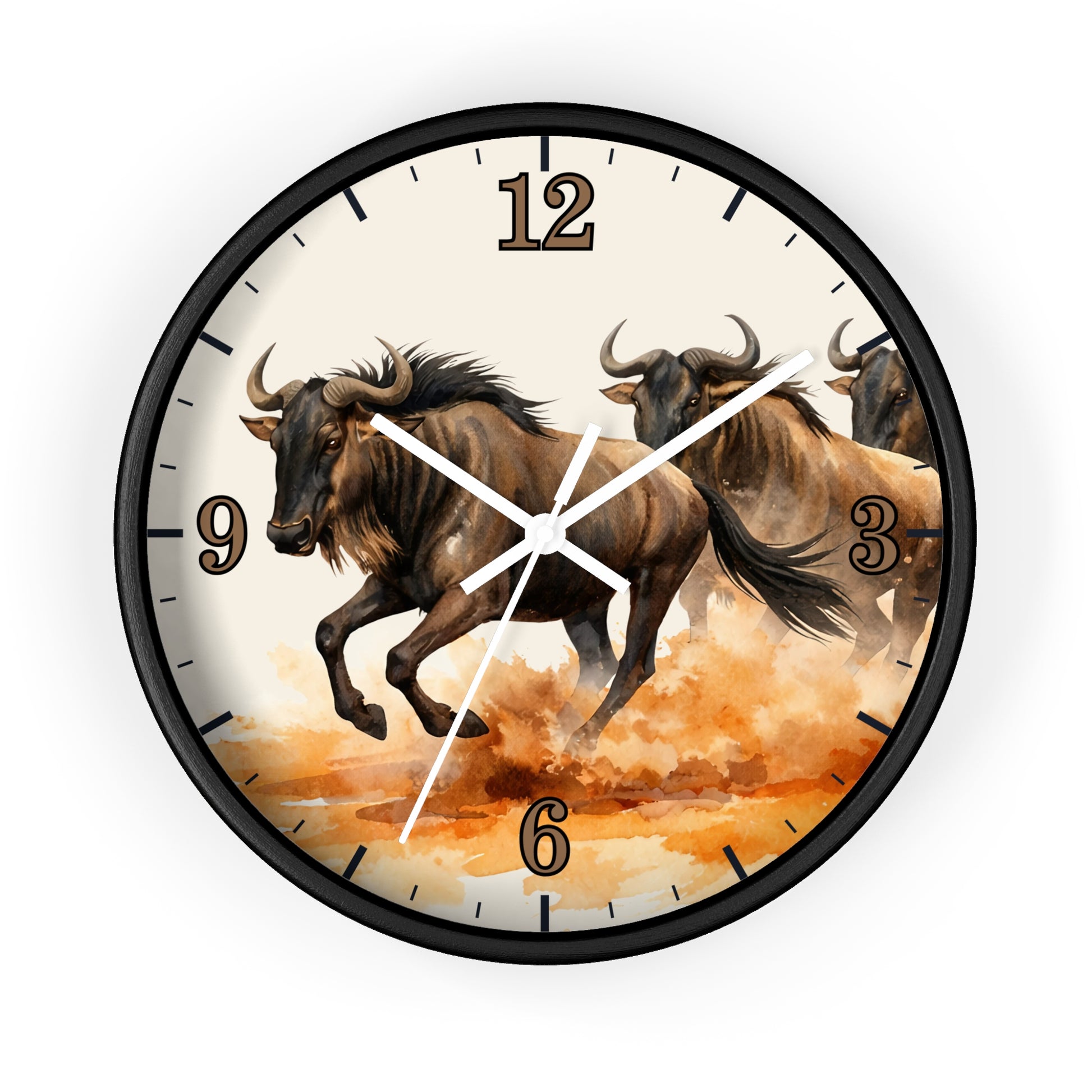 A round wall clock with a black frame and a printed design of three running wild cattle on an off-white background, with black numerals and white hands.