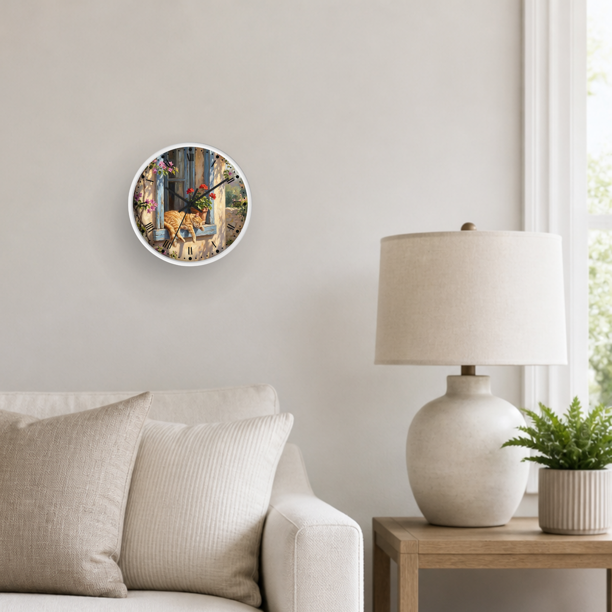 A round wall clock with a white frame and a colorful printed design of a cat hanging in a window, styled in a modern living room setting next to a lamp and sofa.