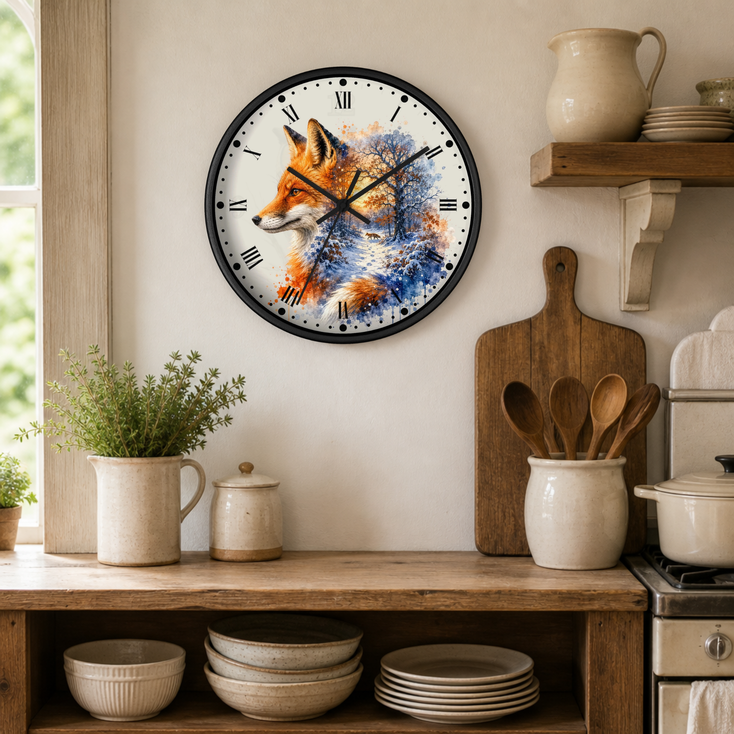 Winter Fox Wall Clock — Woodland Forest Animal Decor