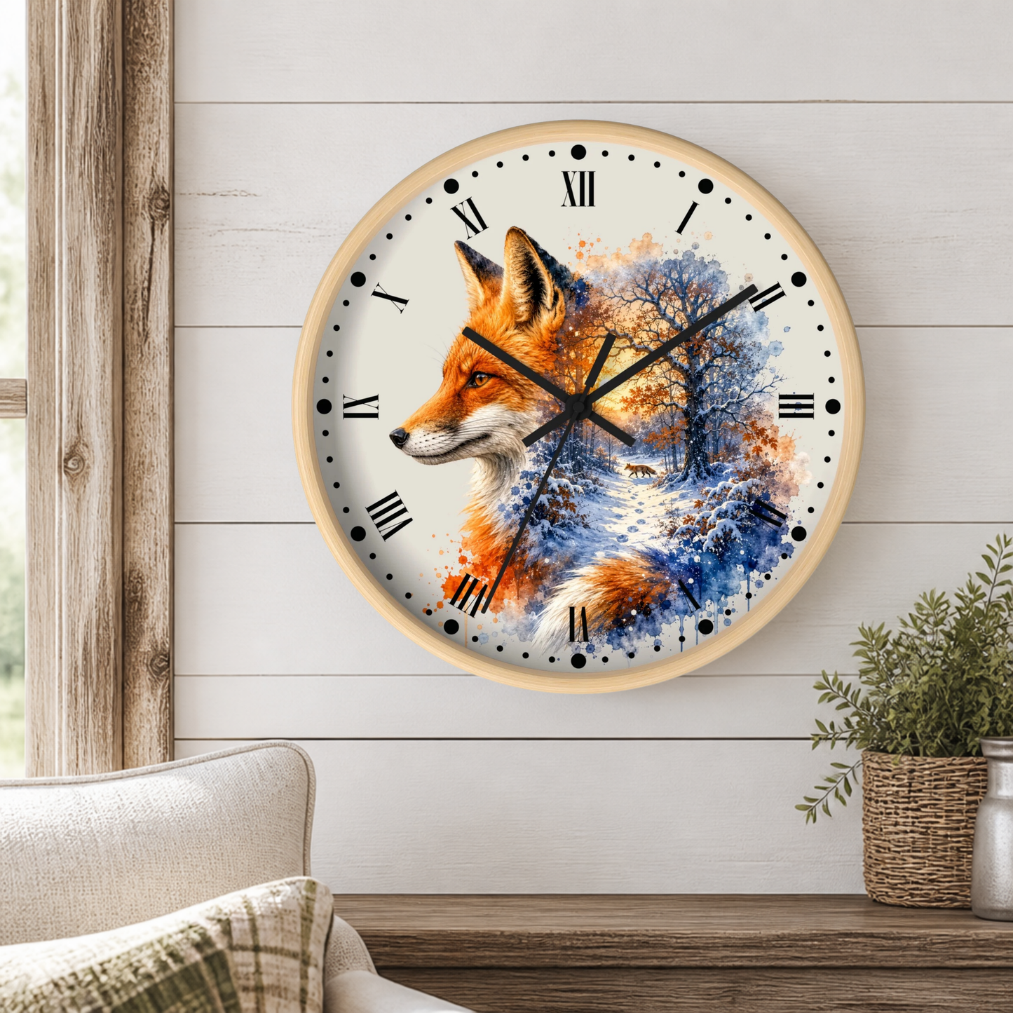 Winter Fox Wall Clock — Woodland Forest Animal Decor
