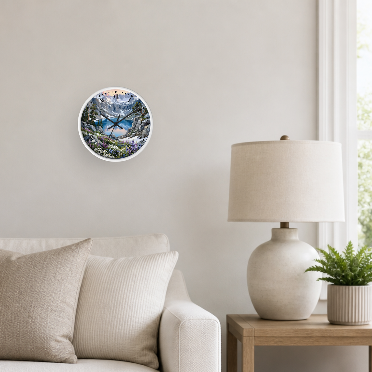A round wall clock with a colorful mountain landscape print hangs on a light beige wall above a sofa in a styled living room setting.