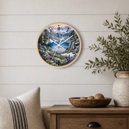 A round wall clock with a light wood frame hangs on a white shiplap wall above a wooden side table. The clock face features a colorful mountain landscape illustration with blue sky, snow, and wildflowers.