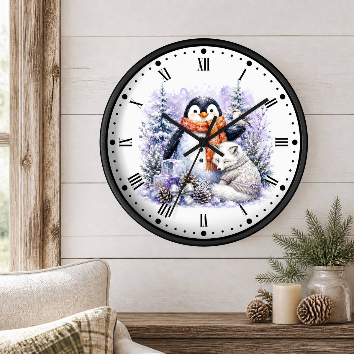 Winter Woodland Wall Clock — Penguin & Fox Holiday Clock