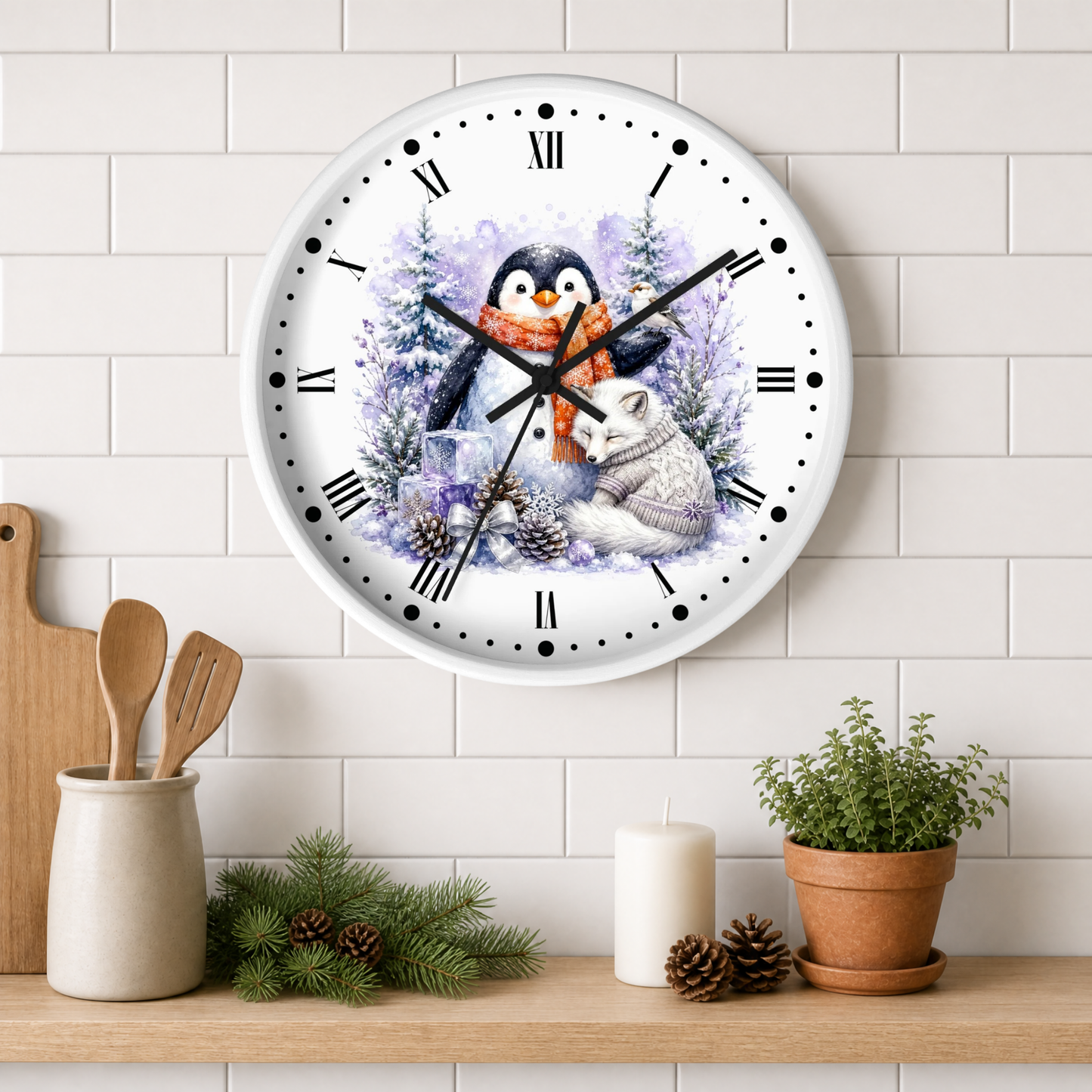 Winter Woodland Wall Clock — Penguin & Fox Holiday Clock