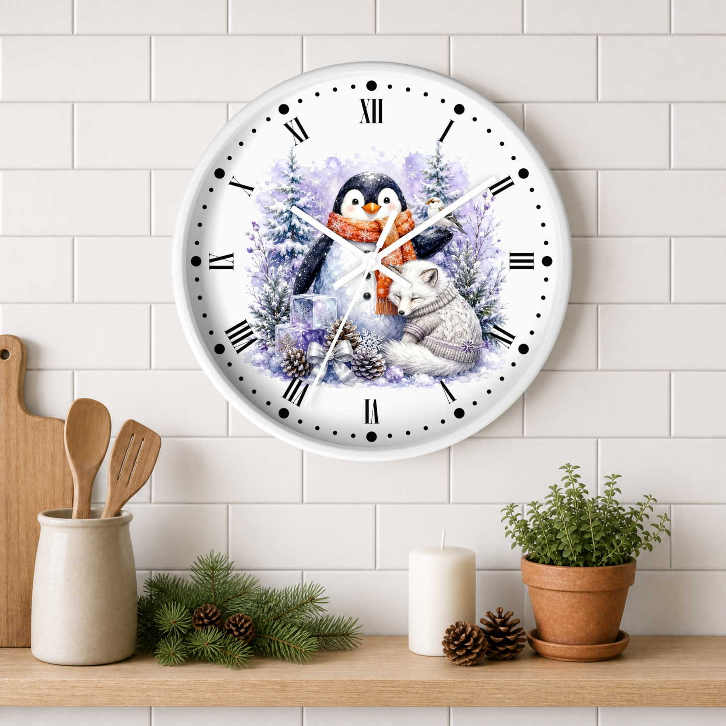 Winter Woodland Wall Clock — Penguin & Fox Holiday Clock