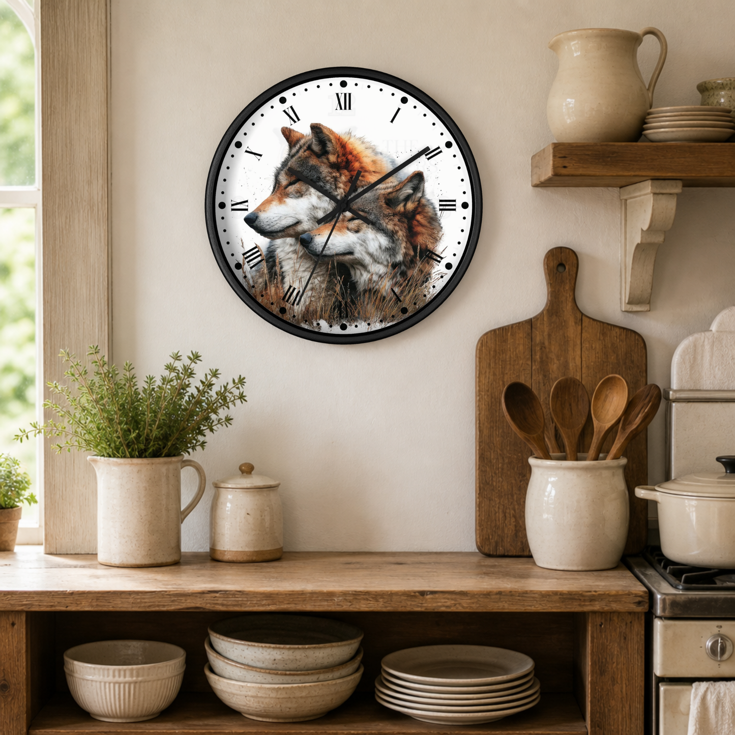 A round wall clock with a black frame hangs on a beige kitchen wall above wooden shelves. The clock face features a detailed illustration of two wolves in warm brown, orange, and white tones.