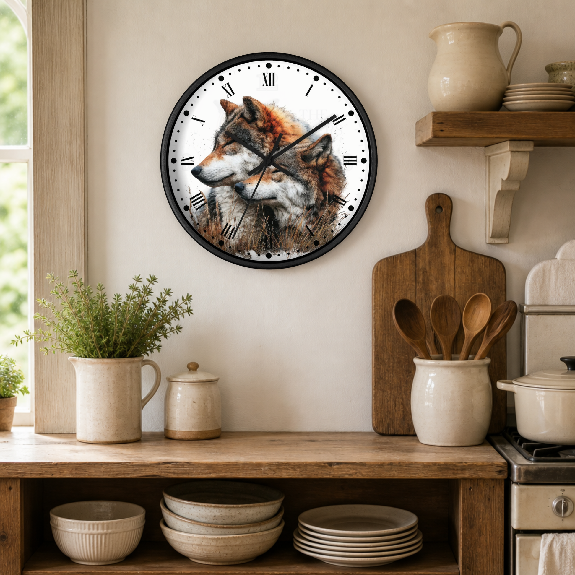 A round wall clock with a black frame hangs on a beige kitchen wall above wooden shelves. The clock face features a detailed illustration of two wolves in warm brown, orange, and white tones.
