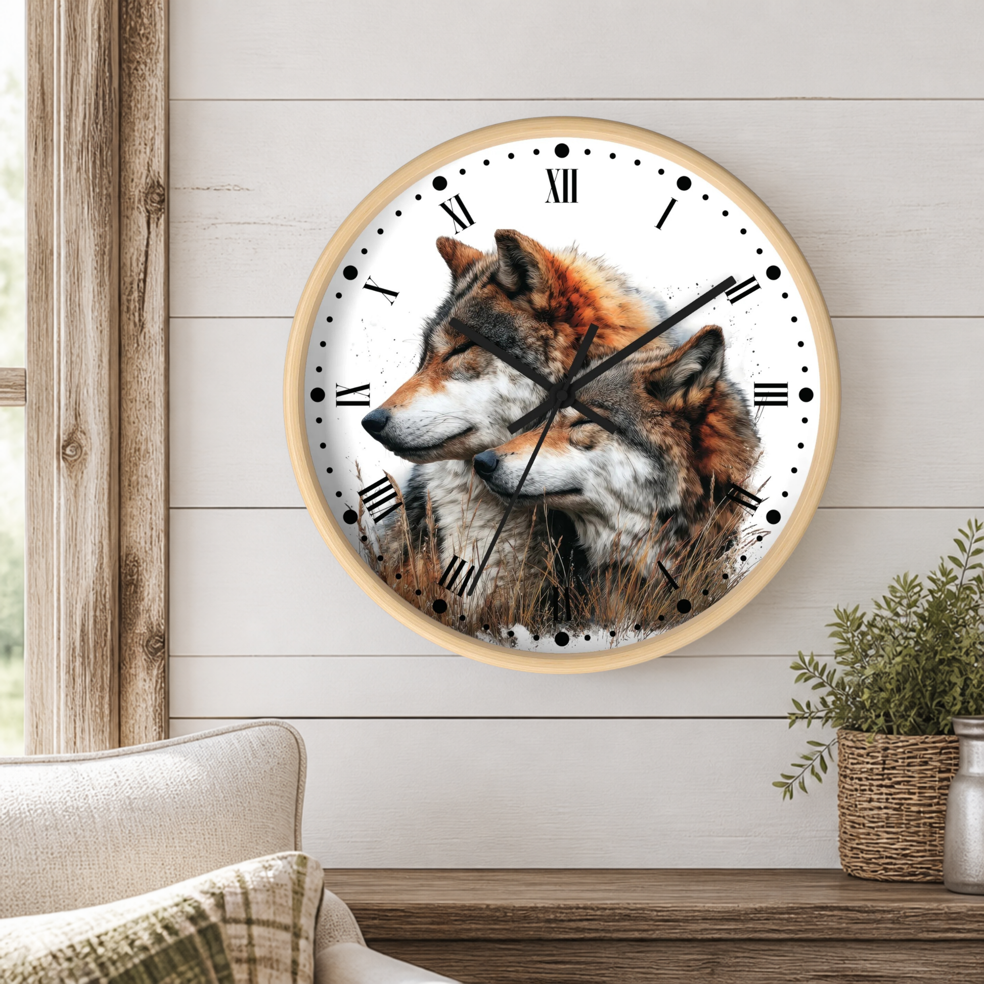 A round wall clock with a light wood frame and a printed design of two wolves on the face, mounted on a white shiplap wall above a wooden shelf with a plant and part of a sofa visible.