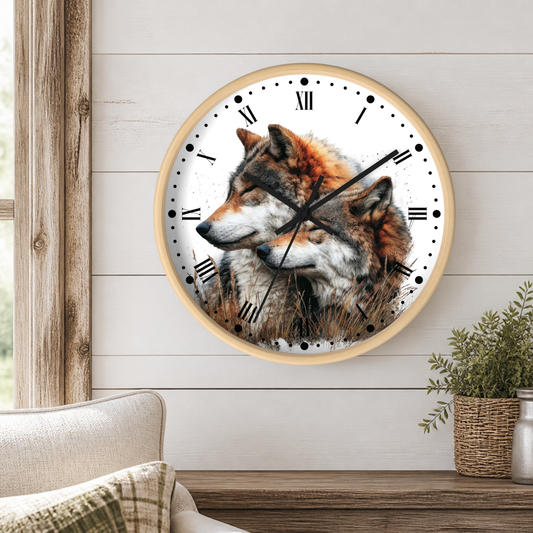 A round wall clock with a light wood frame and a printed design of two wolves on the face, mounted on a white shiplap wall above a wooden shelf with a plant and part of a sofa visible.
