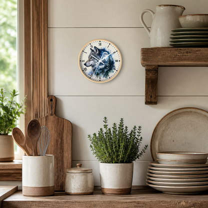 A round wall clock with a rustic wood frame hangs on a white shiplap wall in a bright kitchen. The clock face features a blue and white wolf illustration with black Roman numerals and hands.