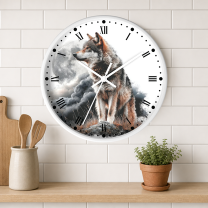A round wall clock with a white frame and Roman numerals, featuring a printed graphic of a wolf standing in a stormy landscape. The clock is mounted on a white subway tile wall above a wooden shelf with a small potted plant and wooden utensils.