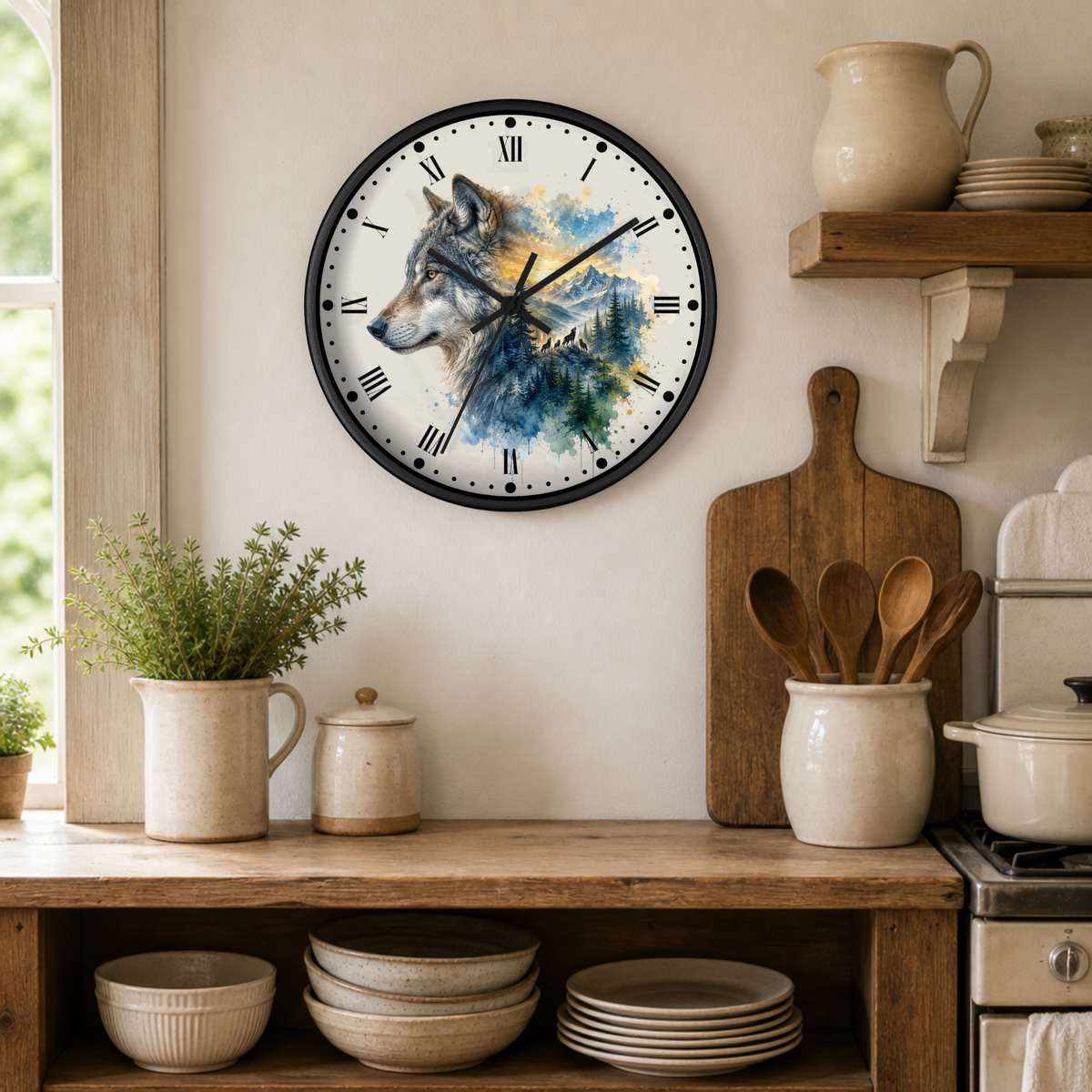 A round wall clock with a wolf illustration on the face, hanging on a beige wall in a rustic kitchen setting with wooden shelves, ceramic dishes, and plants.