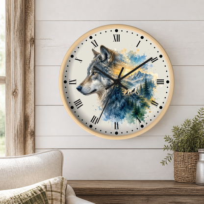 A round wall clock with a light wood frame hangs on a white shiplap wall above a wooden table. The clock face features a detailed watercolor illustration of a gray wolf over blue and green mountains and pine trees, with black Roman numerals and hands.