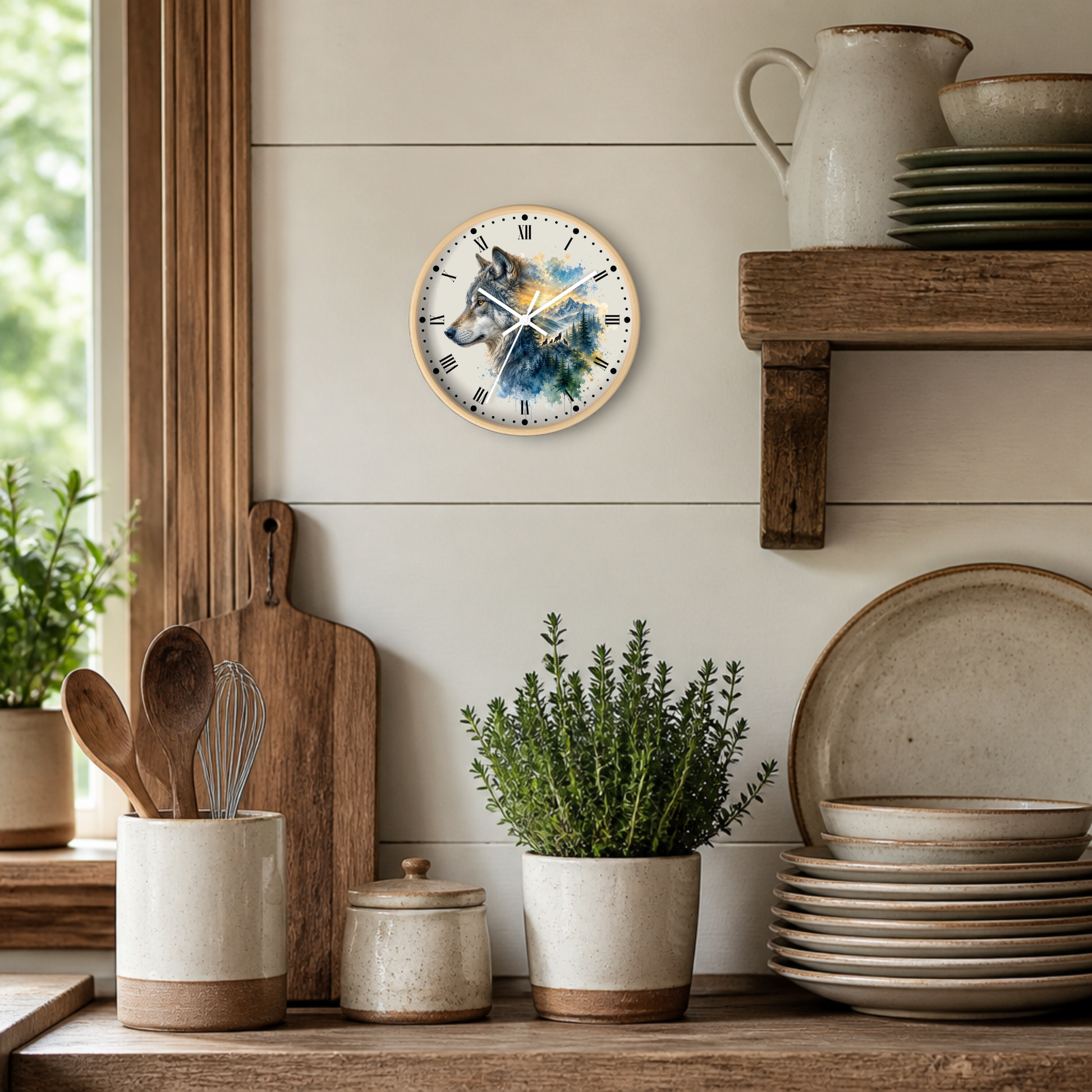 A round wall clock with a rustic wood frame hangs on a white shiplap wall in a styled kitchen setting. The clock face features a colorful landscape illustration with a wolf and mountains.