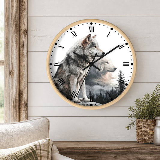 A round wall clock with a light wood frame hangs on a white shiplap wall above a wooden table. The clock face features a printed graphic of two wolves in a snowy forest landscape.
