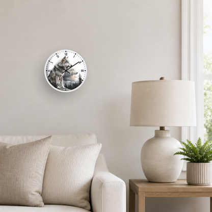 A round wall clock featuring a printed wolf illustration, mounted on a light beige wall in a styled living room setting with a sofa, lamp, and side table.