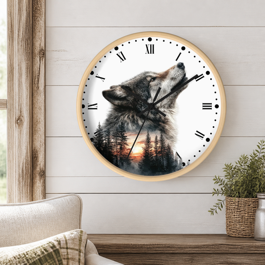 A round wall clock with a light wood frame hangs on a white shiplap wall above a wooden mantel. The clock face features a wolf howling over a pine forest at sunset, with black Roman numerals and hands.