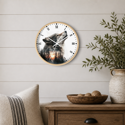 Round wall clock with a wolf artwork on the face, mounted on a white shiplap wall above a wooden side table with a vase and bowl.