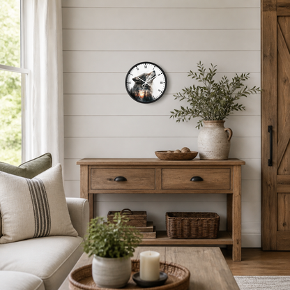 A round wall clock with a black frame and a wolf hunting graphic, styled on a white shiplap wall above a rustic wooden console table in a bright, modern farmhouse living room.
