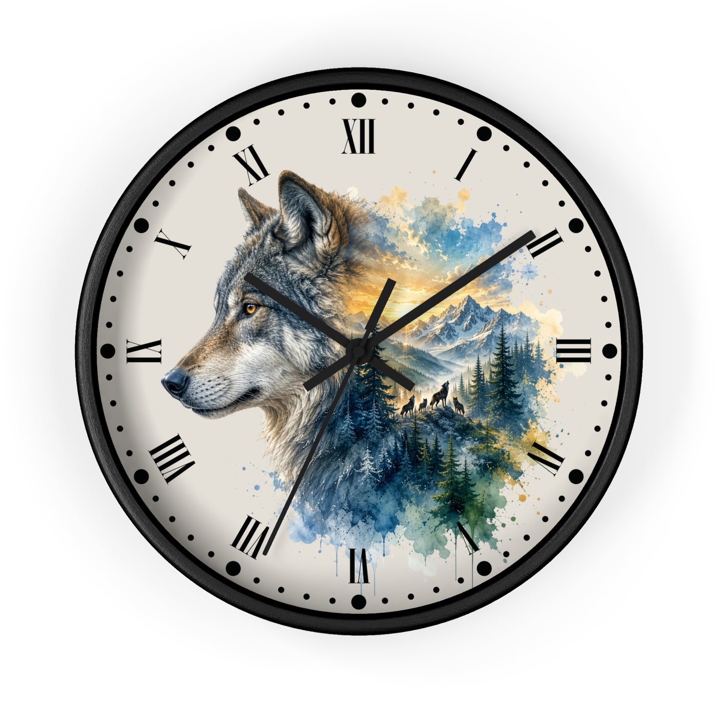 A round wall clock with a black frame and Roman numerals, featuring a watercolor-style wolf portrait over blue mountains and pine trees on the clock face, shown against a plain white background.