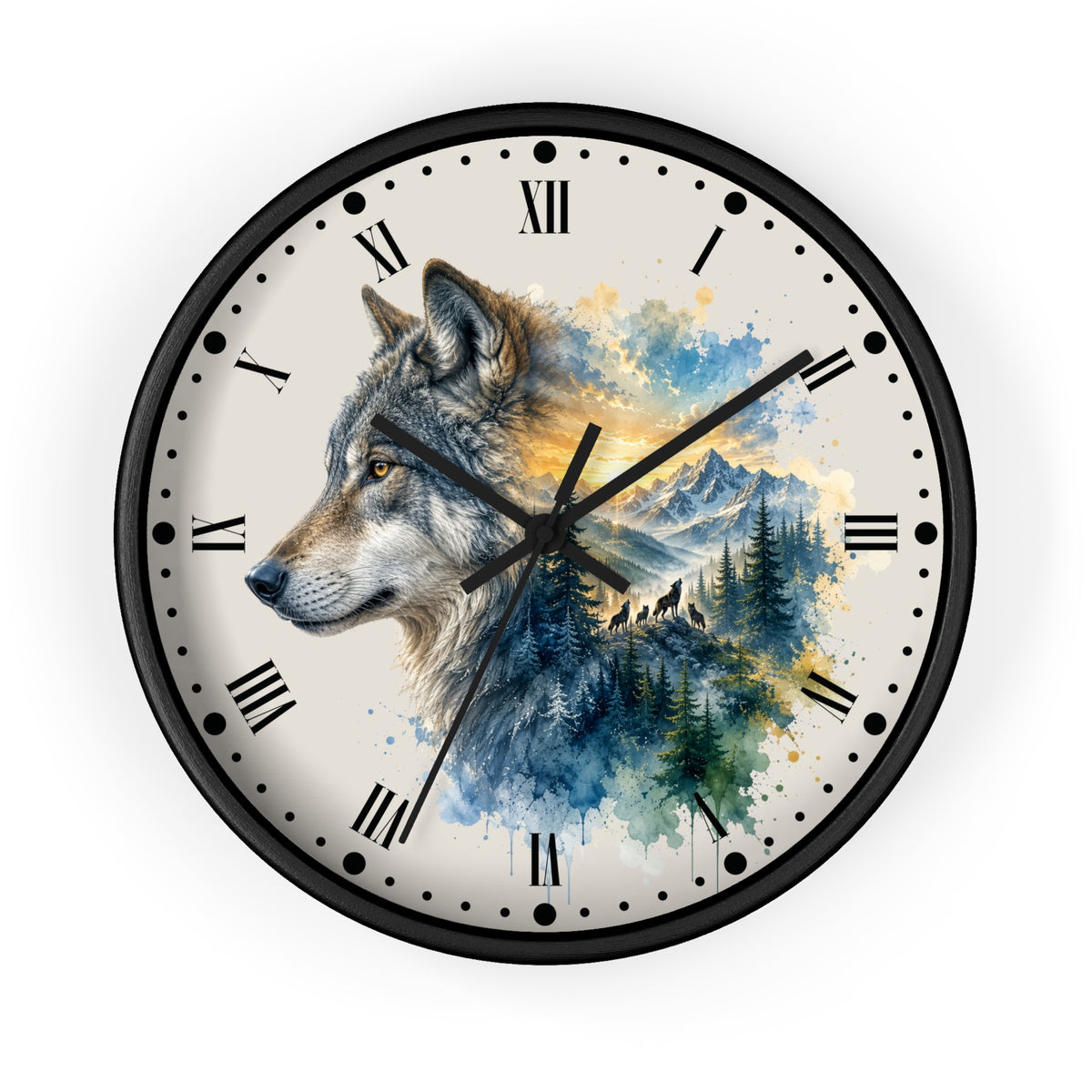 A round wall clock with a black frame and Roman numerals, featuring a watercolor-style wolf portrait over blue mountains and pine trees on the clock face, shown against a plain white background.